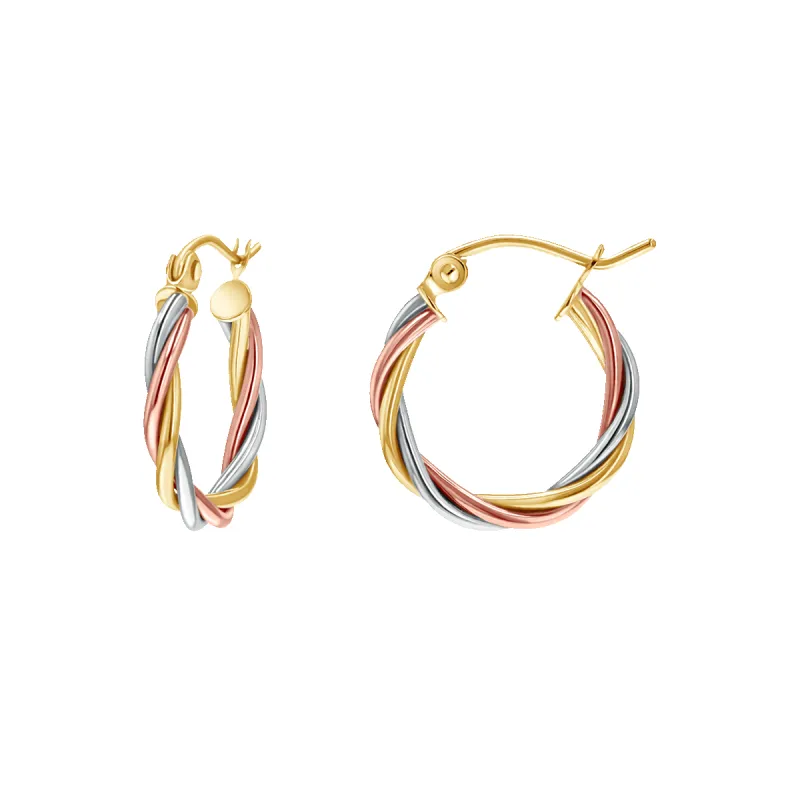 Tri-Color Twist Hoops sold by Baby Gold