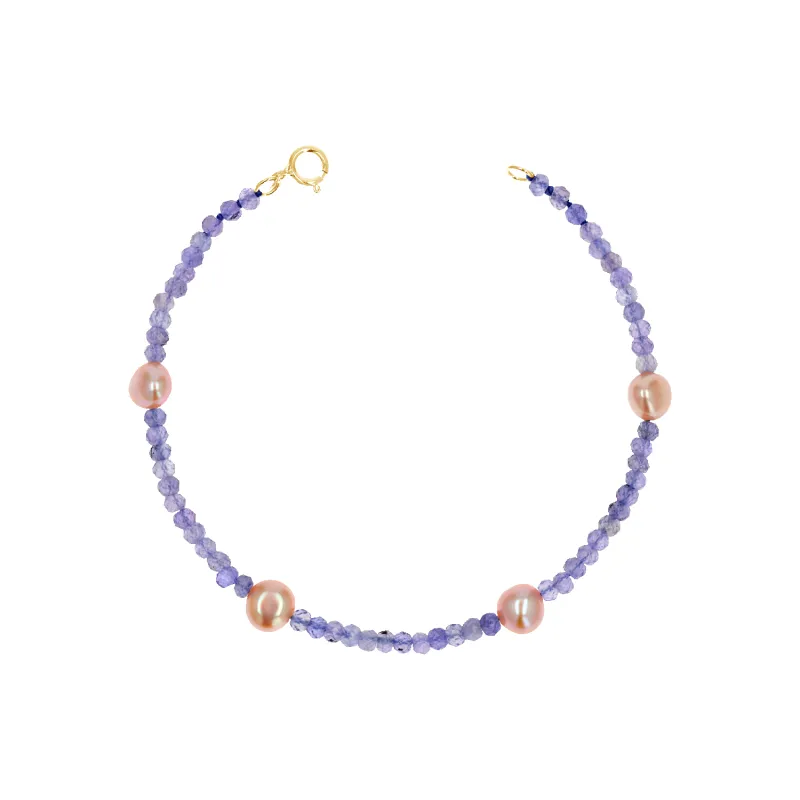 Tanzanite & Pink Pearl Station Bracelet made by Baby Gold