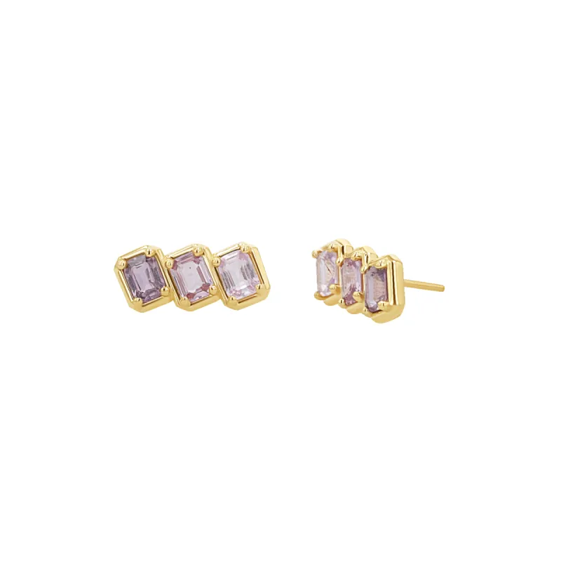 Emerald Cut Pink Ombré Trio Sapphire Earrings sold by Baby Gold