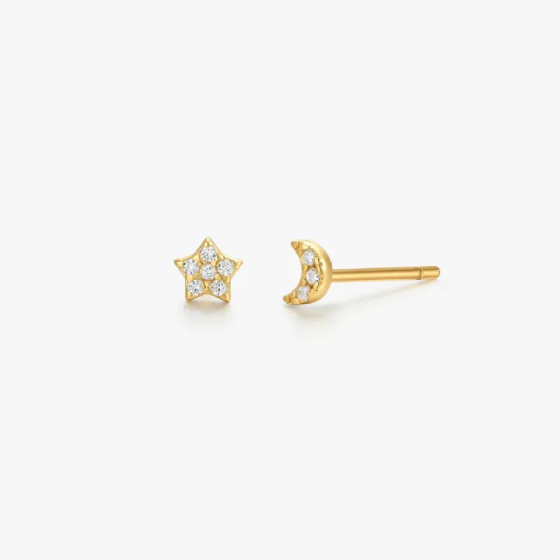 Crystal Moon + Star Sterling Studs in Gold sold by Flaire & Co.