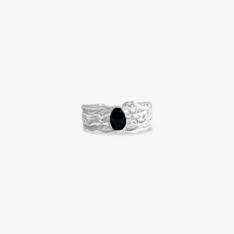 Thick Texture Black Gem Adjustable Sterling Silver Ring sold by Flaire & Co.