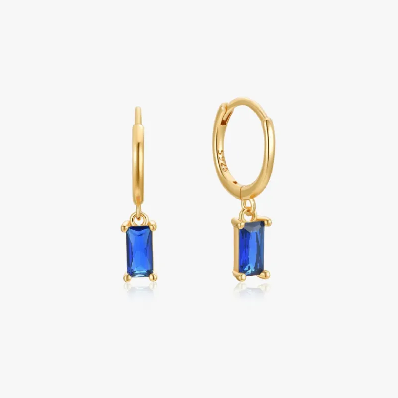 Blue Rectangle Huggies in Gold sold by Flaire & Co.