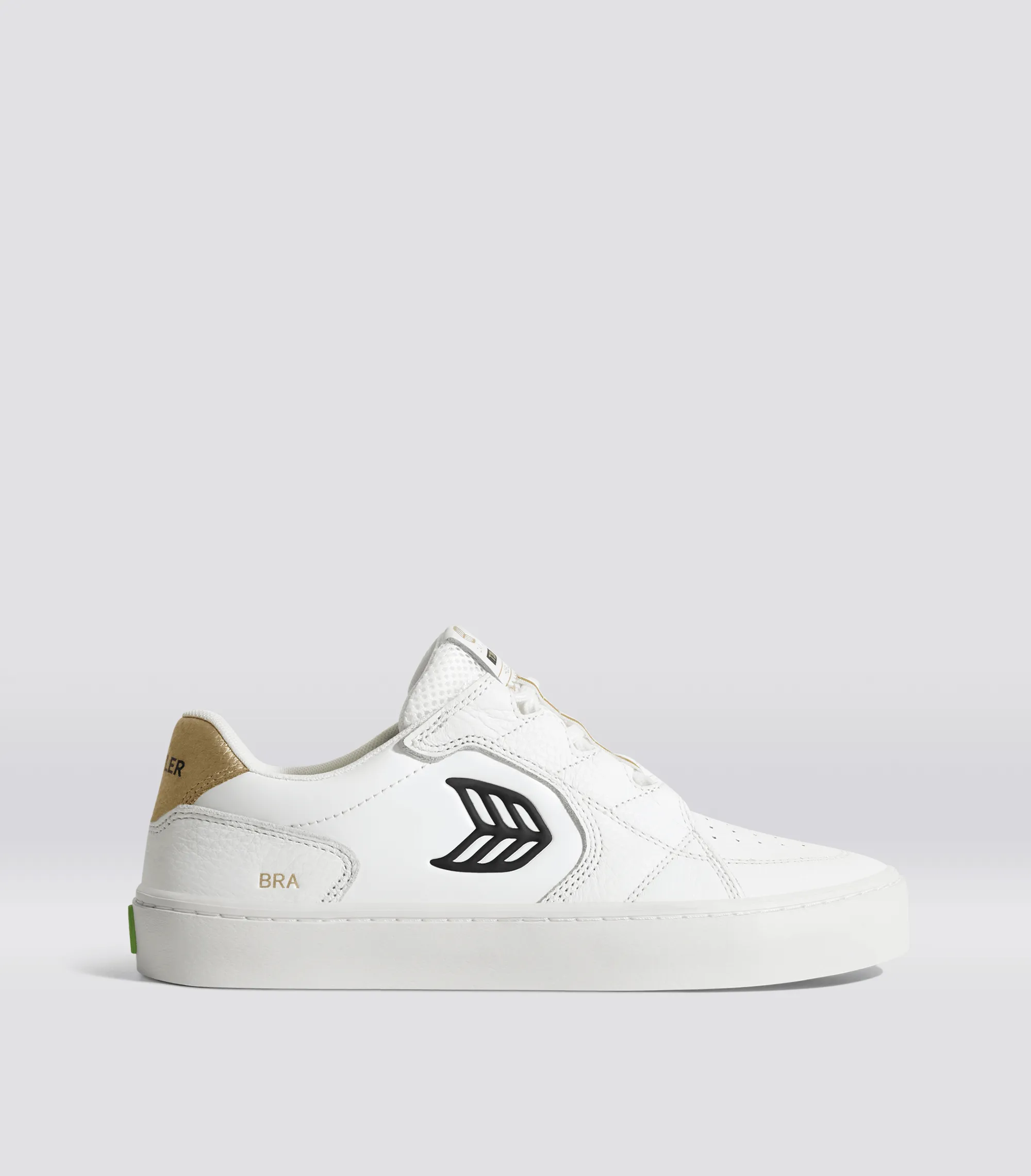 T20 PRO Hoefler 2024 White Premium Leather and Mesh Black Logo Gold Sneaker Men sold by Cariuma