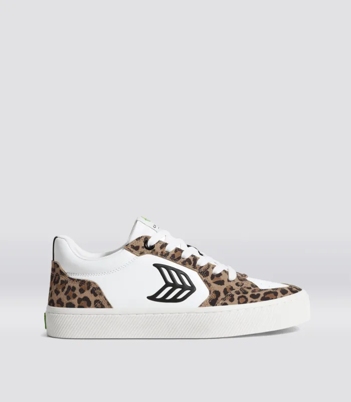 VALLELY White Leather Leopard Print Suede Black Logo Sneaker Women sold by Cariuma