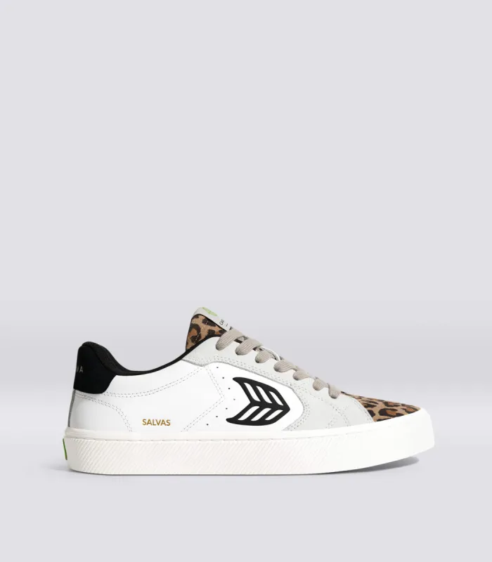 SALVAS White Leather Leopard Print Suede Black Logo Sneaker Men sold by Cariuma