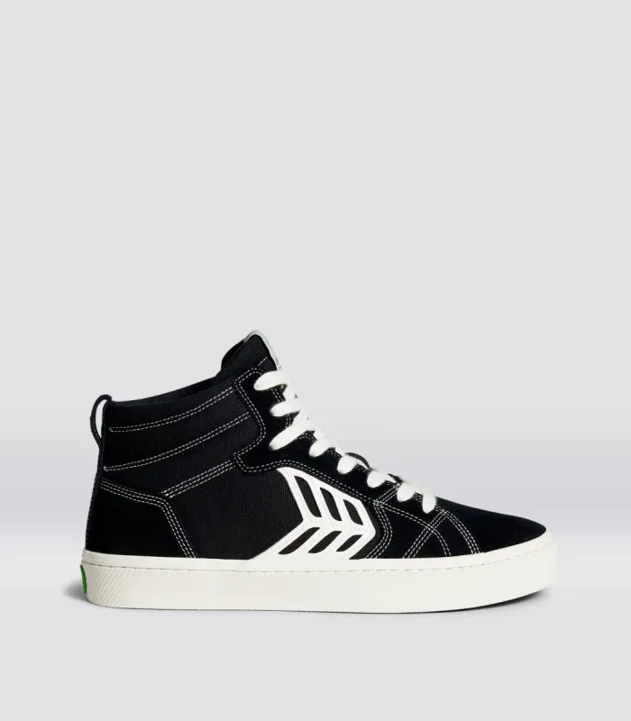 CATIBA PRO High Black Suede and Canvas Contrast Thread Ivory Logo Sneaker Men sold by Cariuma