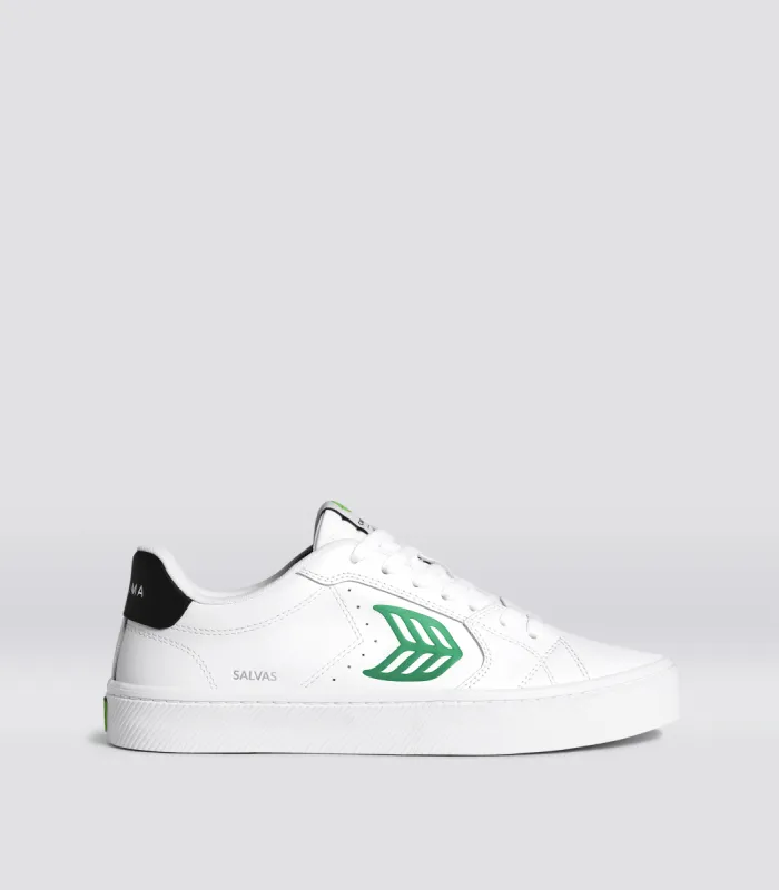 SALVAS White Leather Green Logo and Black Sneaker Women sold by Cariuma