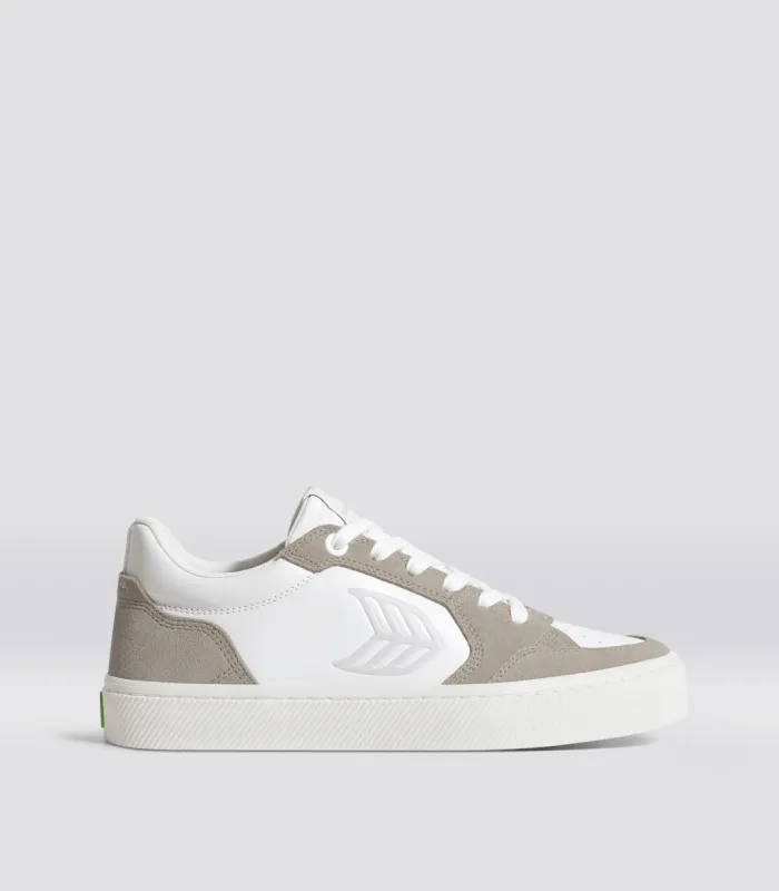 VALLELY White Leather Cloud Grey Suede Ice Logo Sneaker Women sold by Cariuma