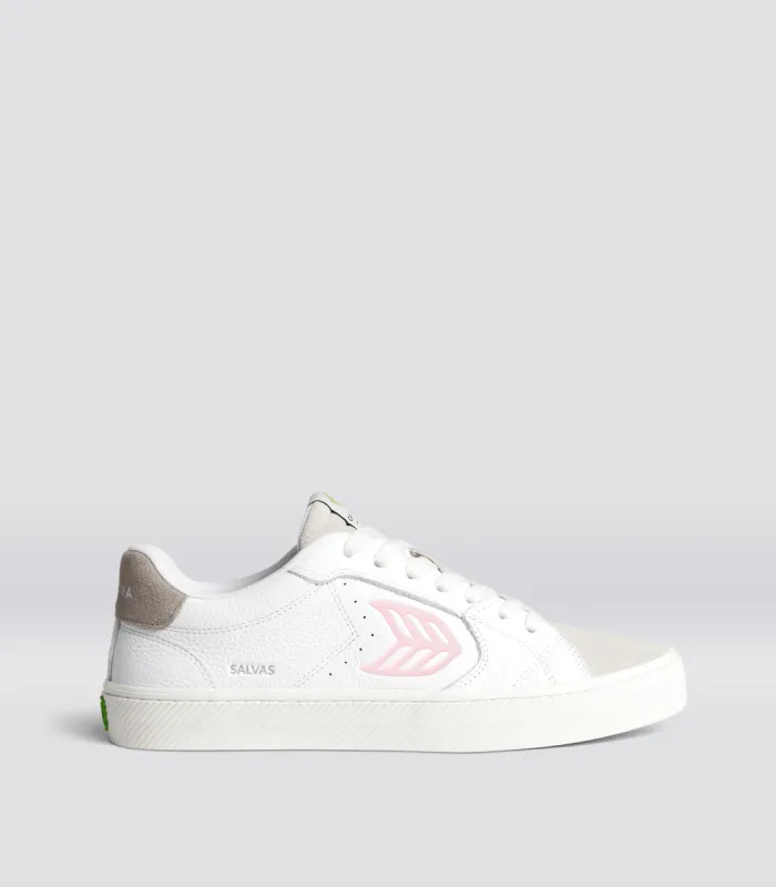 SALVAS White Premium Leather Vintage White Suede Rose Logo Sneaker Women sold by Cariuma