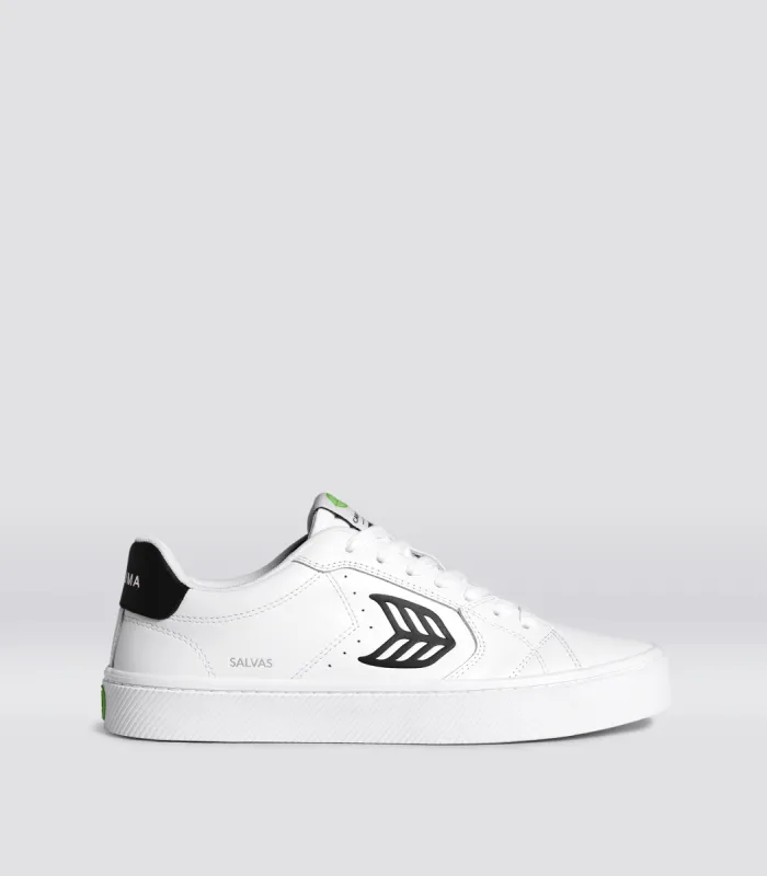 SALVAS White Leather Black Logo Sneaker Men sold by Cariuma