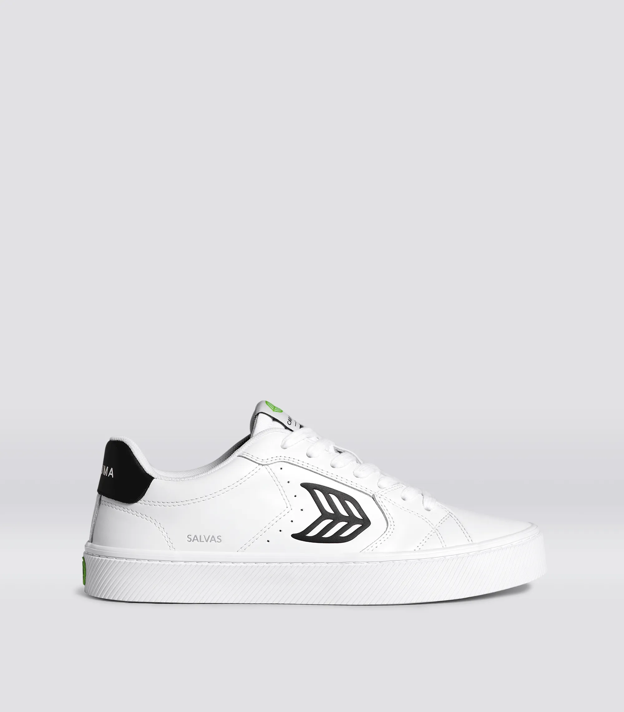 SALVAS White Leather Black Logo Sneaker Men sold by Cariuma