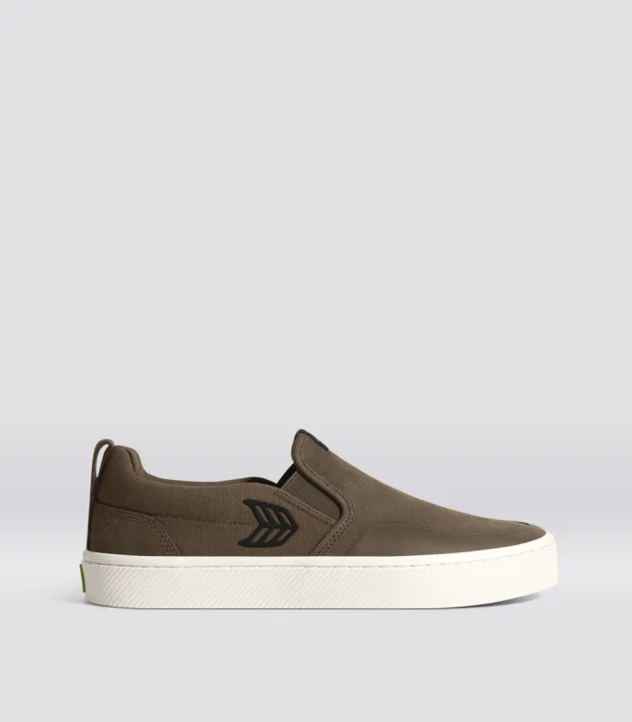 SLIP-ON PRO Dark Khaki Suede and Canvas Black Logo Sneaker Men sold by Cariuma