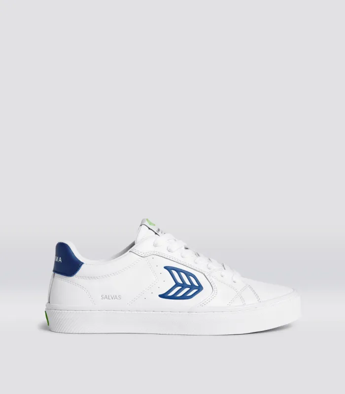 SALVAS White Leather Mystery Blue Logo Sneaker Women sold by Cariuma