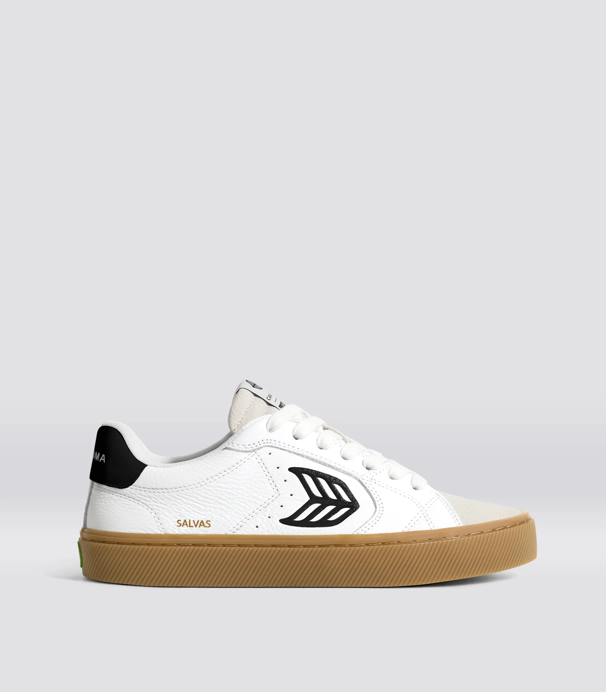 SALVAS Gum White Premium Leather Vintage White Suede Black Logo Sneaker Women sold by Cariuma