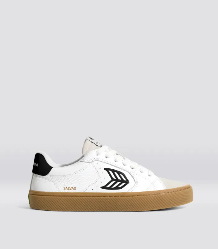 SALVAS Gum White Premium Leather Vintage White Suede Black Logo Sneaker Men sold by Cariuma