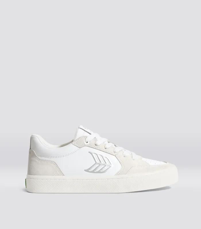 VALLELY White Leather Smoke White Suede Silver Logo Sneaker Women sold by Cariuma