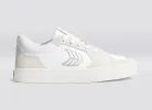 VALLELY White Leather Smoke White Suede Silver Logo Sneaker Women sold by Cariuma