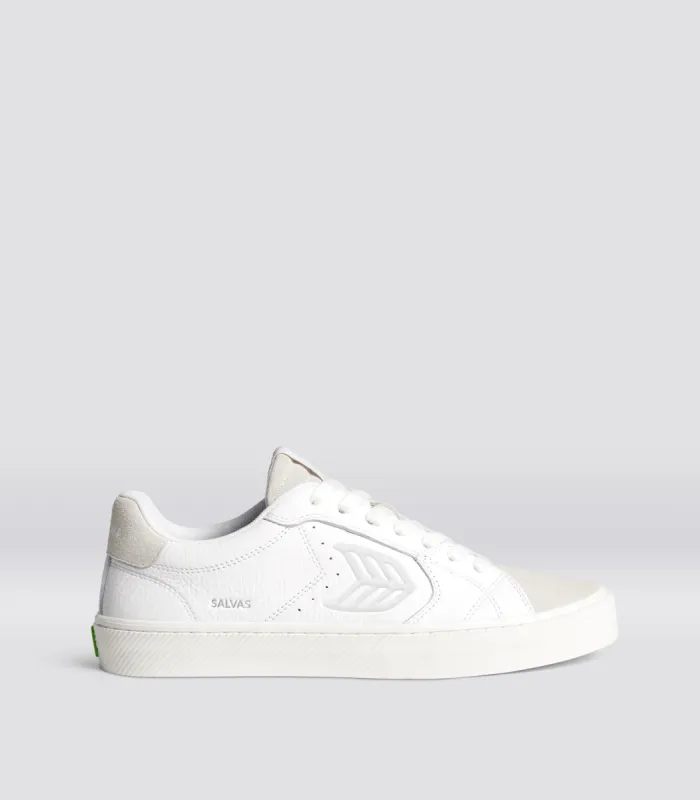 SALVAS White Premium Leather Vintage White Suede Ice Logo Sneaker Women sold by Cariuma