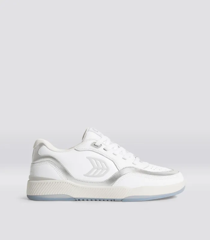 UBA White Leather Metallic Accents Ice Logo Sneaker Women sold by Cariuma