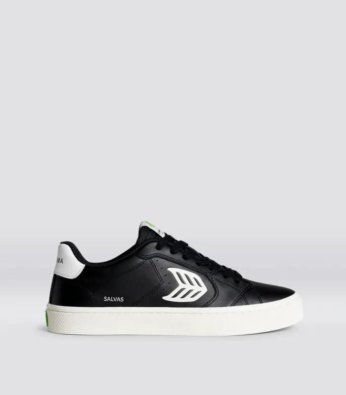 SALVAS Black Leather Off-White Logo Sneaker Women sold by Cariuma