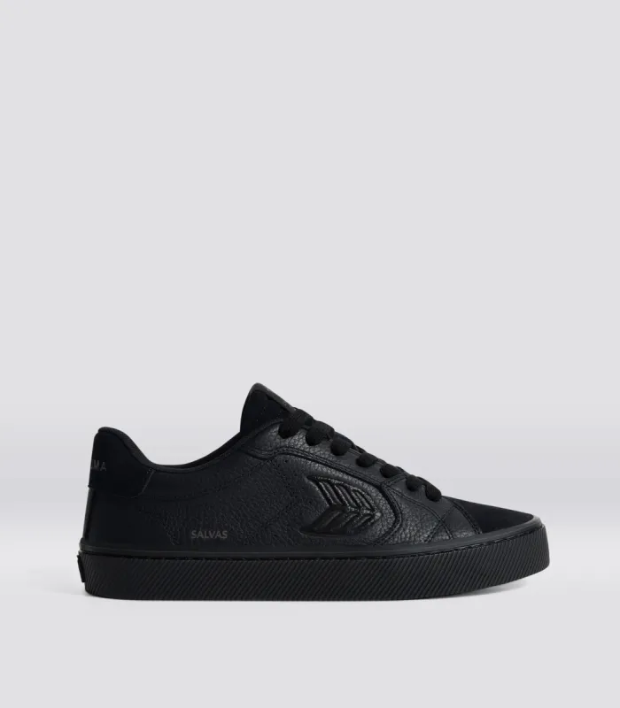 SALVAS All Black Premium Leather and Suede Ash Grey Logo Sneaker Women sold by Cariuma