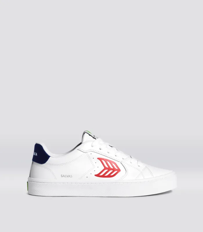 SALVAS White Leather Red Logo Navy Sneaker Men sold by Cariuma