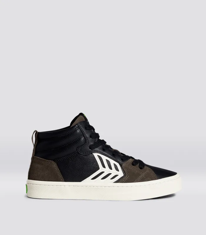 CATIBA PRO High Black Premium Leather Dark Khaki Suede Ivory Logo Sneaker Women sold by Cariuma