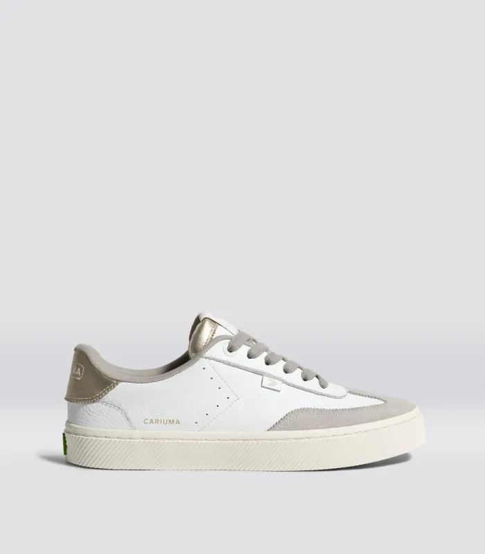 TOCA White Premium Leather Vintage White Suede Metallic Gold Sneaker Women sold by Cariuma