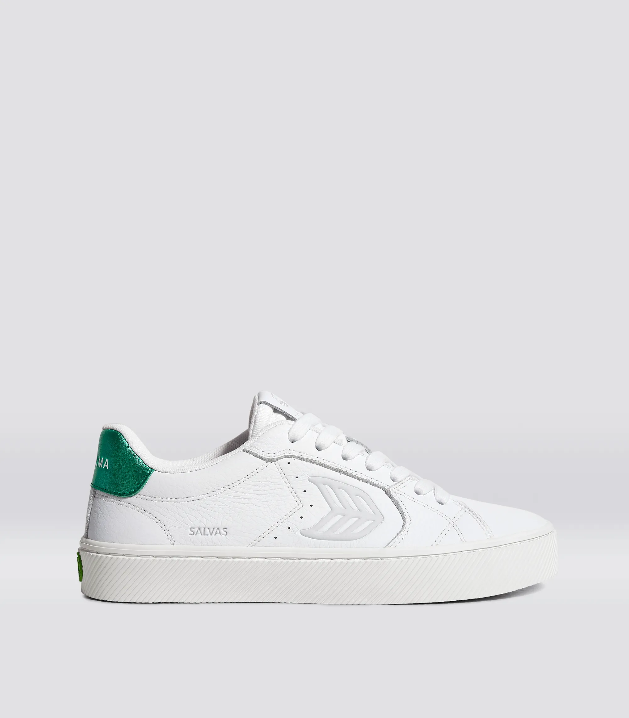 SALVAS White Premium Leather Ice Logo Metallic Green Sneaker Women sold by Cariuma