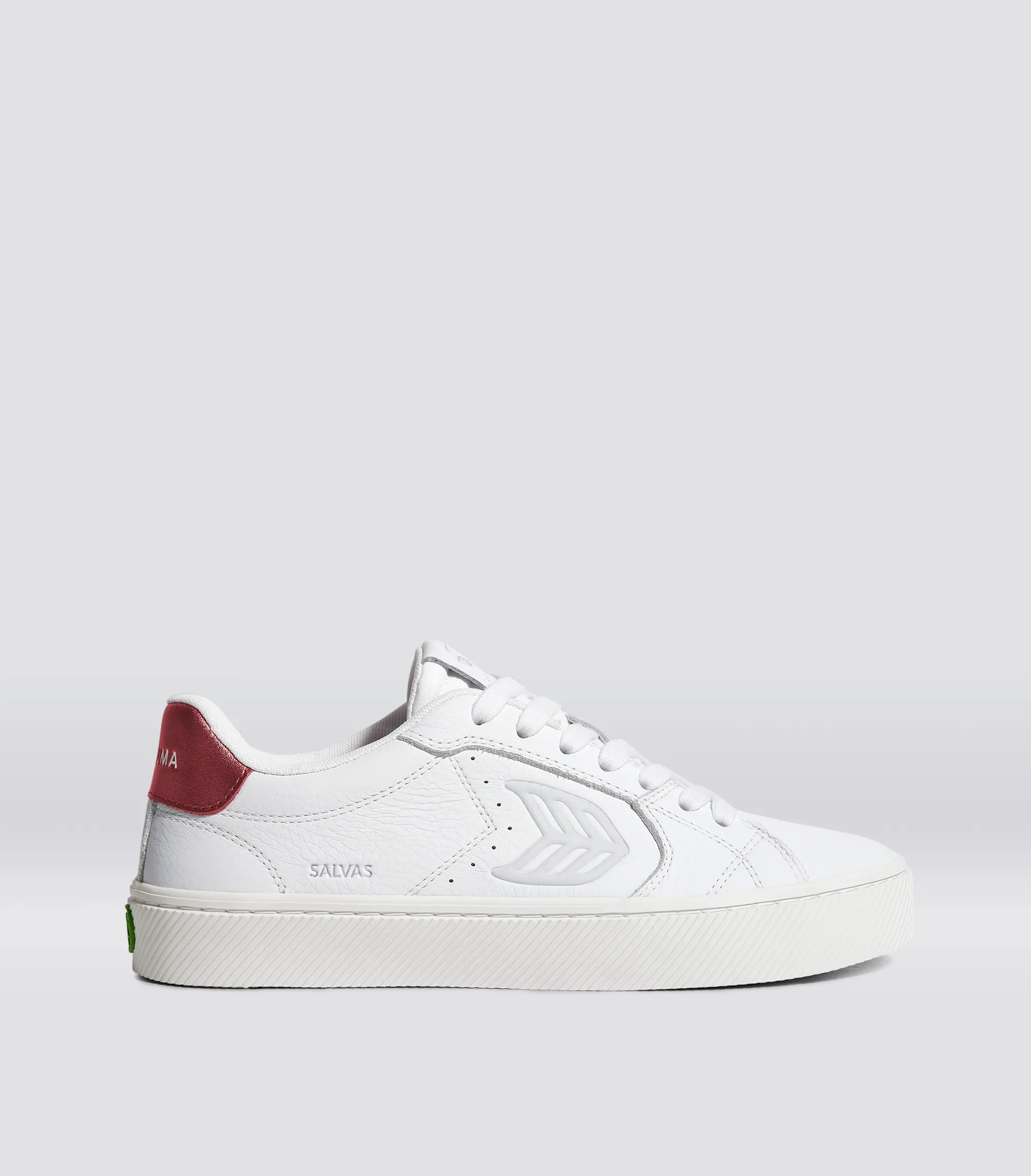 SALVAS White Premium Leather Ice Logo Metallic Red Sneaker Men sold by Cariuma