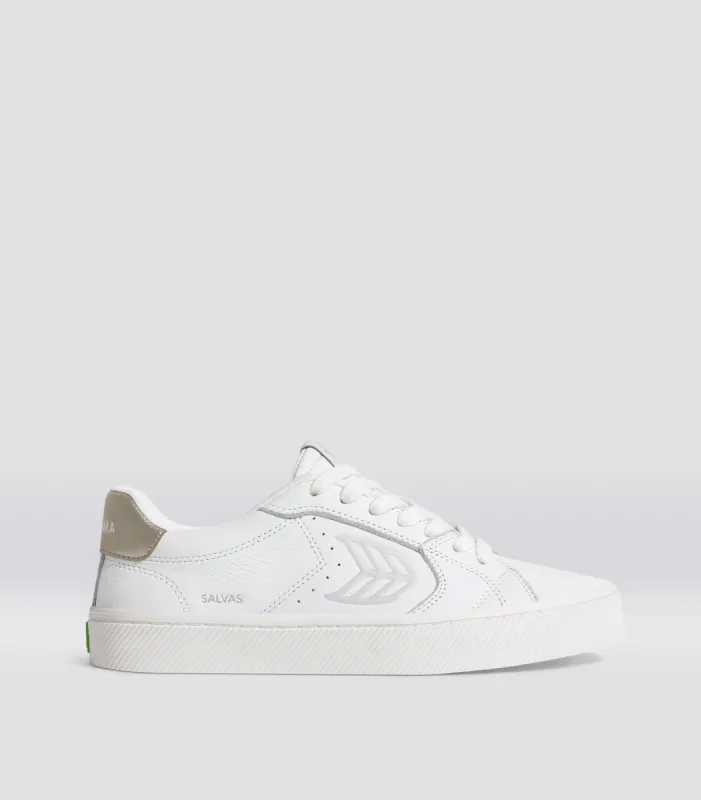 SALVAS White Premium Leather Ice Logo Metallic Gold Sneaker Men sold by Cariuma