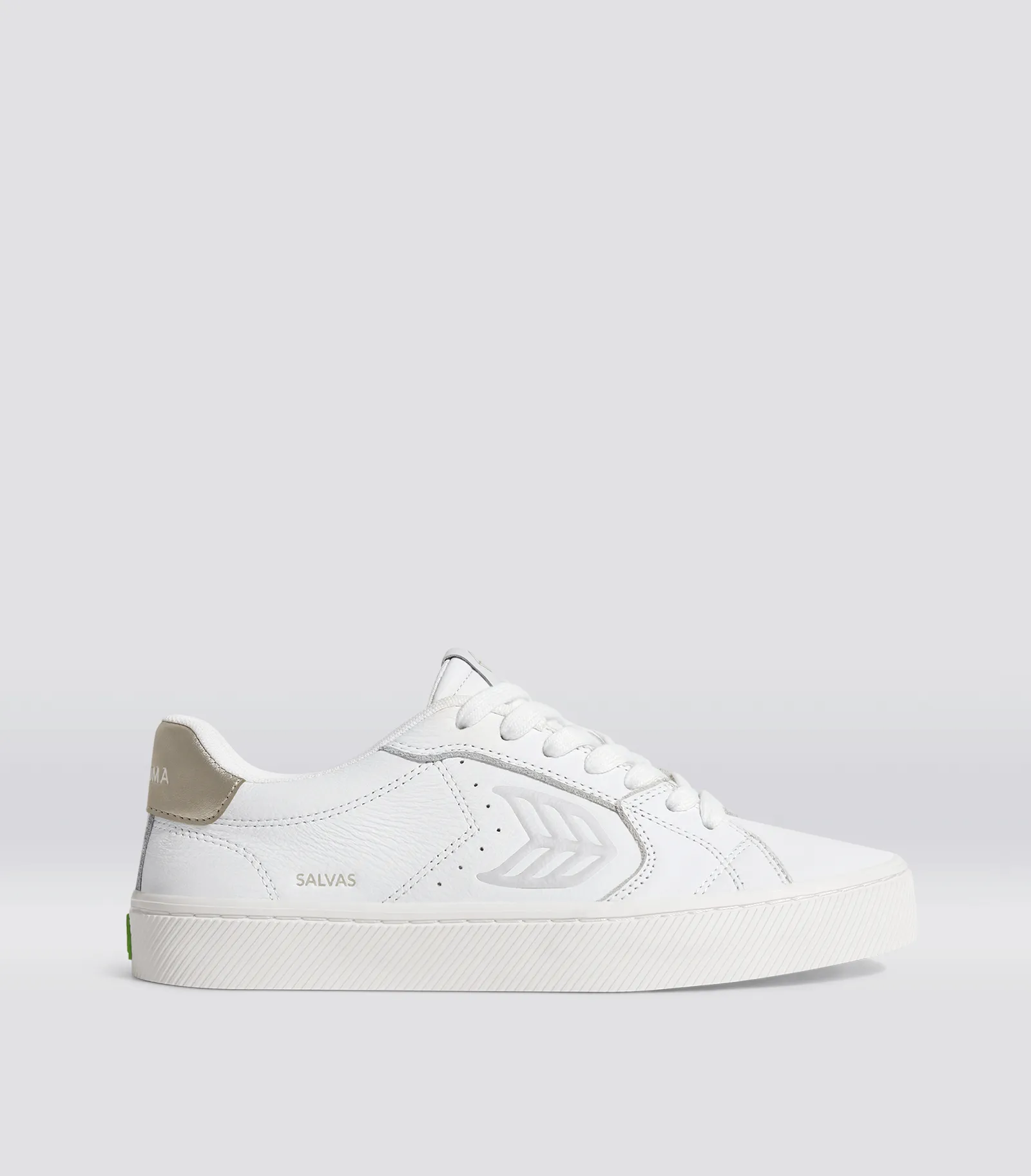 SALVAS White Premium Leather Ice Logo Metallic Gold Sneaker Men sold by Cariuma