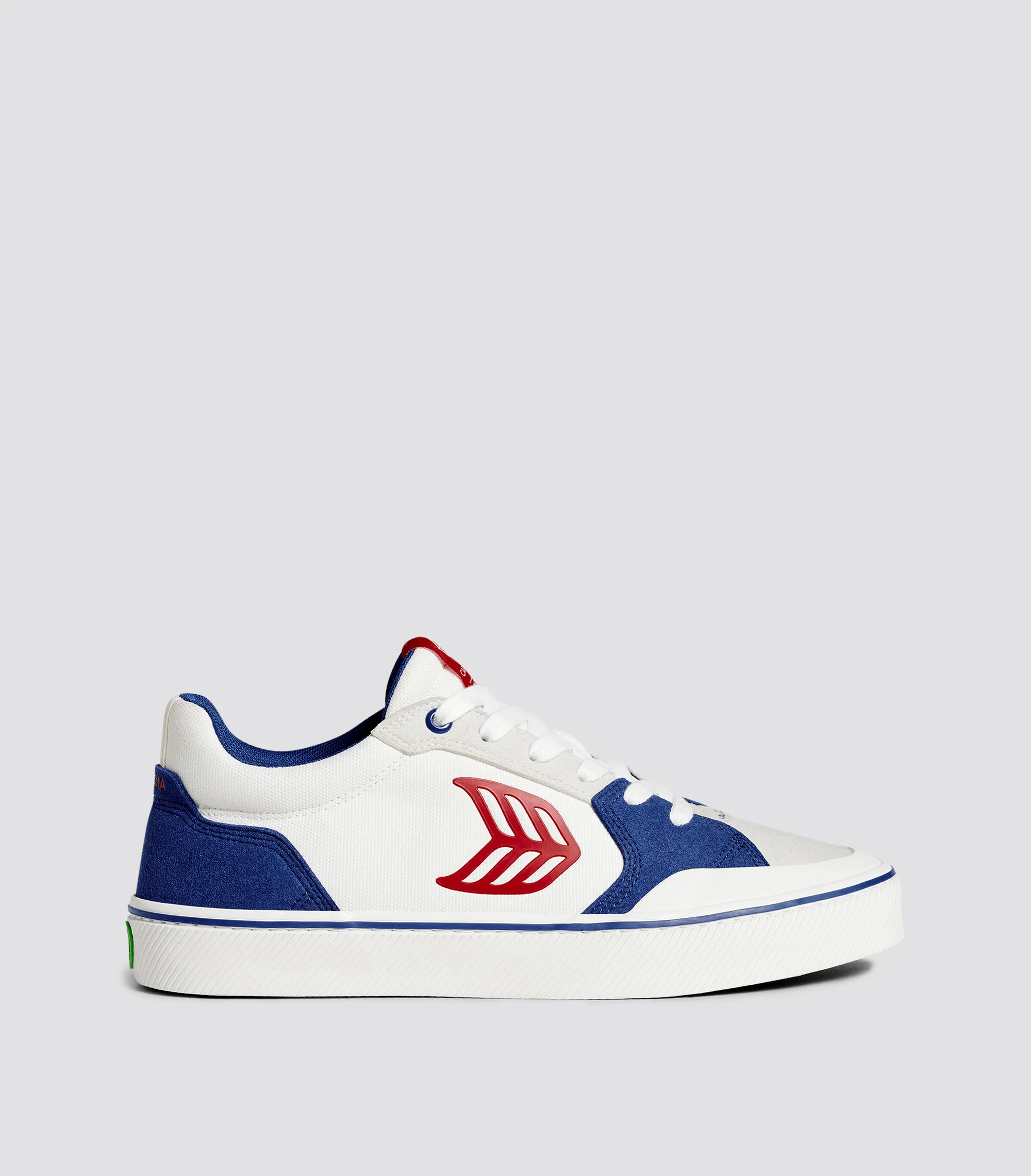 VALLELY PRO Mystery Blue Suede and Off-White Cordura Red Logo Sneaker Men sold by Cariuma