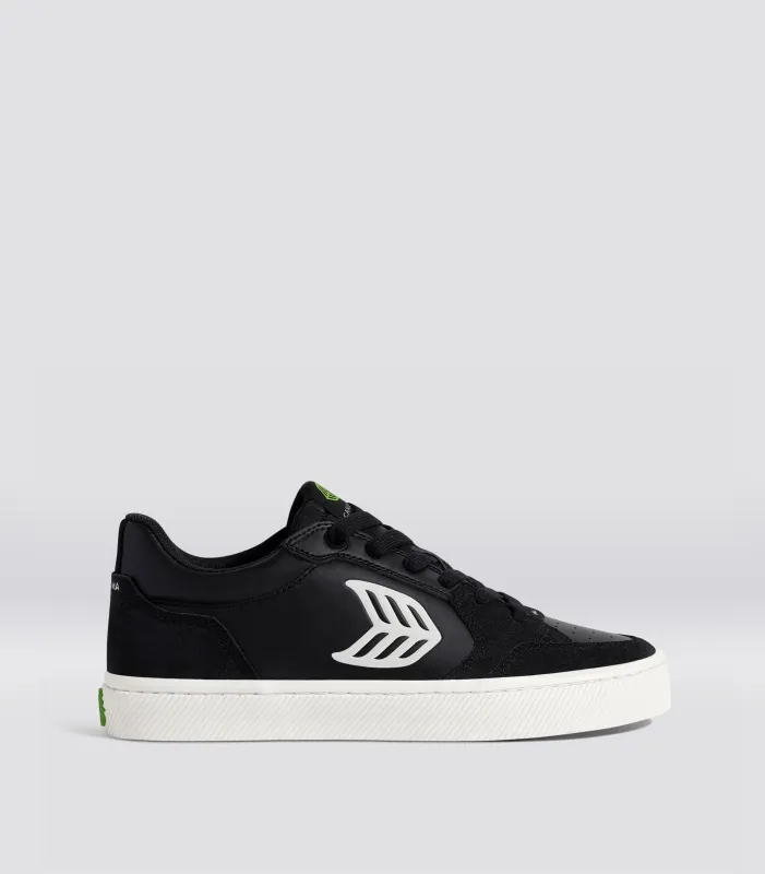 VALLELY Black Leather and Suede Off-White Logo Sneaker Men sold by Cariuma
