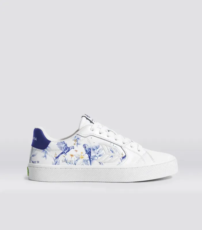 Salvas White Leather Spectrum Blue Parrot Print Sneaker Men sold by Cariuma