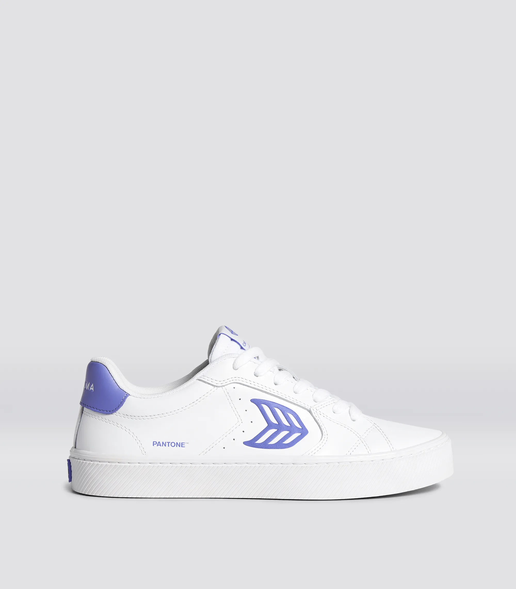 SALVAS White Leather Pantone Very Peri Logo Sneaker Women sold by Cariuma