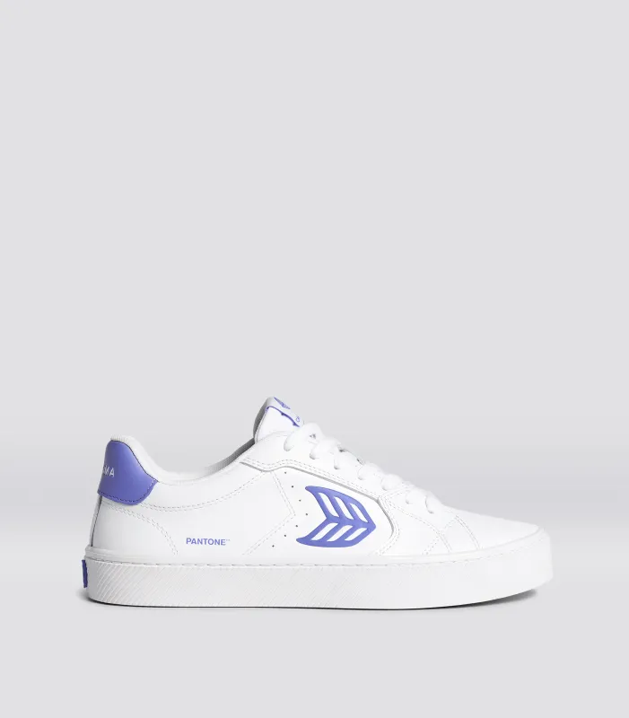 SALVAS White Leather Pantone Very Peri Logo Sneaker Men sold by Cariuma