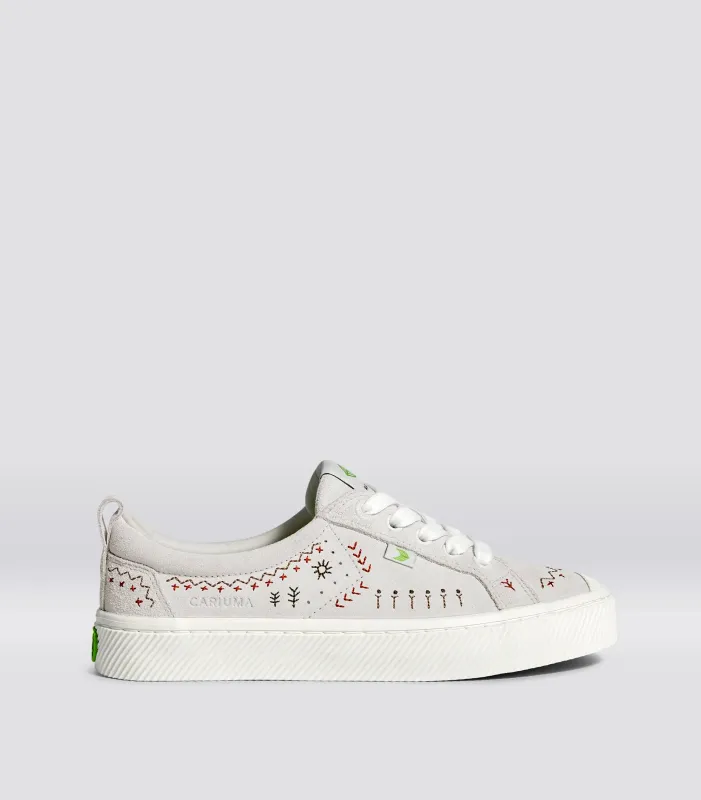 OCA Low Smoke White Suede Embroidered Sneaker sold by Cariuma