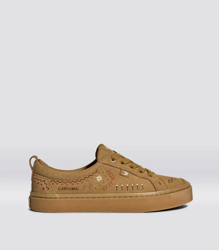 OCA Low All Camel Suede Embroidered Sneaker sold by Cariuma