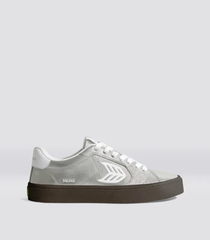 SALVAS Teak Silver Metallic Leather Off-White Logo Sneaker Men made by Cariuma