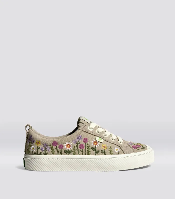 OCA Low Sand Suede Embroidered Flowers Sneaker sold by Cariuma