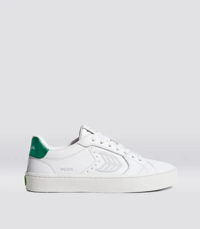 SALVAS Pebbled Leather White Ice Logo Metallic Green sold by Cariuma