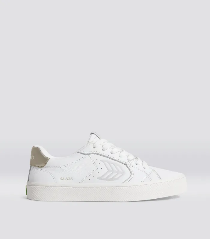 SALVAS White Premium Leather Ice Logo Metallic Gold Sneaker sold by Cariuma
