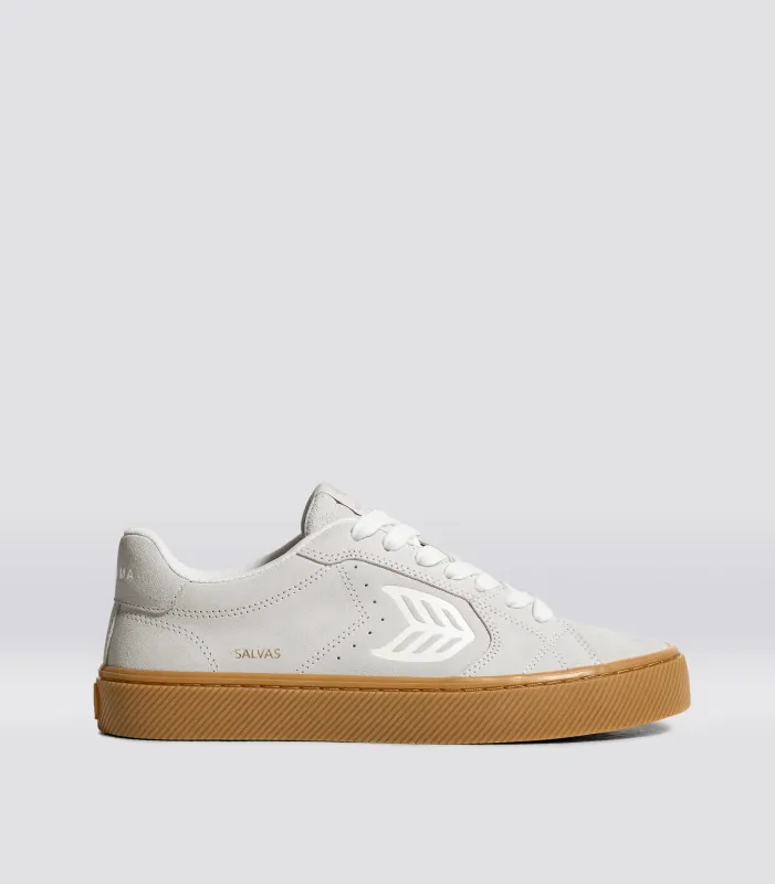 SALVAS Gum Smoke White Suede Off-White Logo Sneaker sold by Cariuma