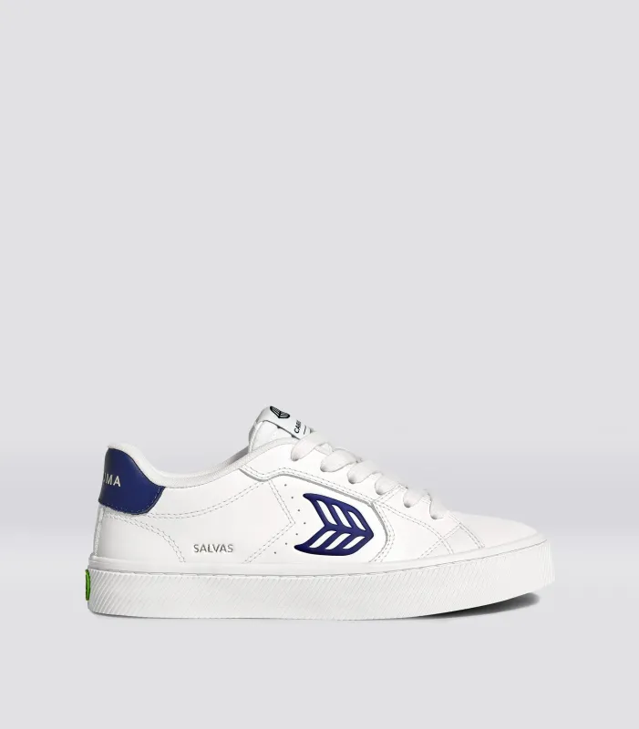 SALVAS Leather White Bright Navy Logo sold by Cariuma