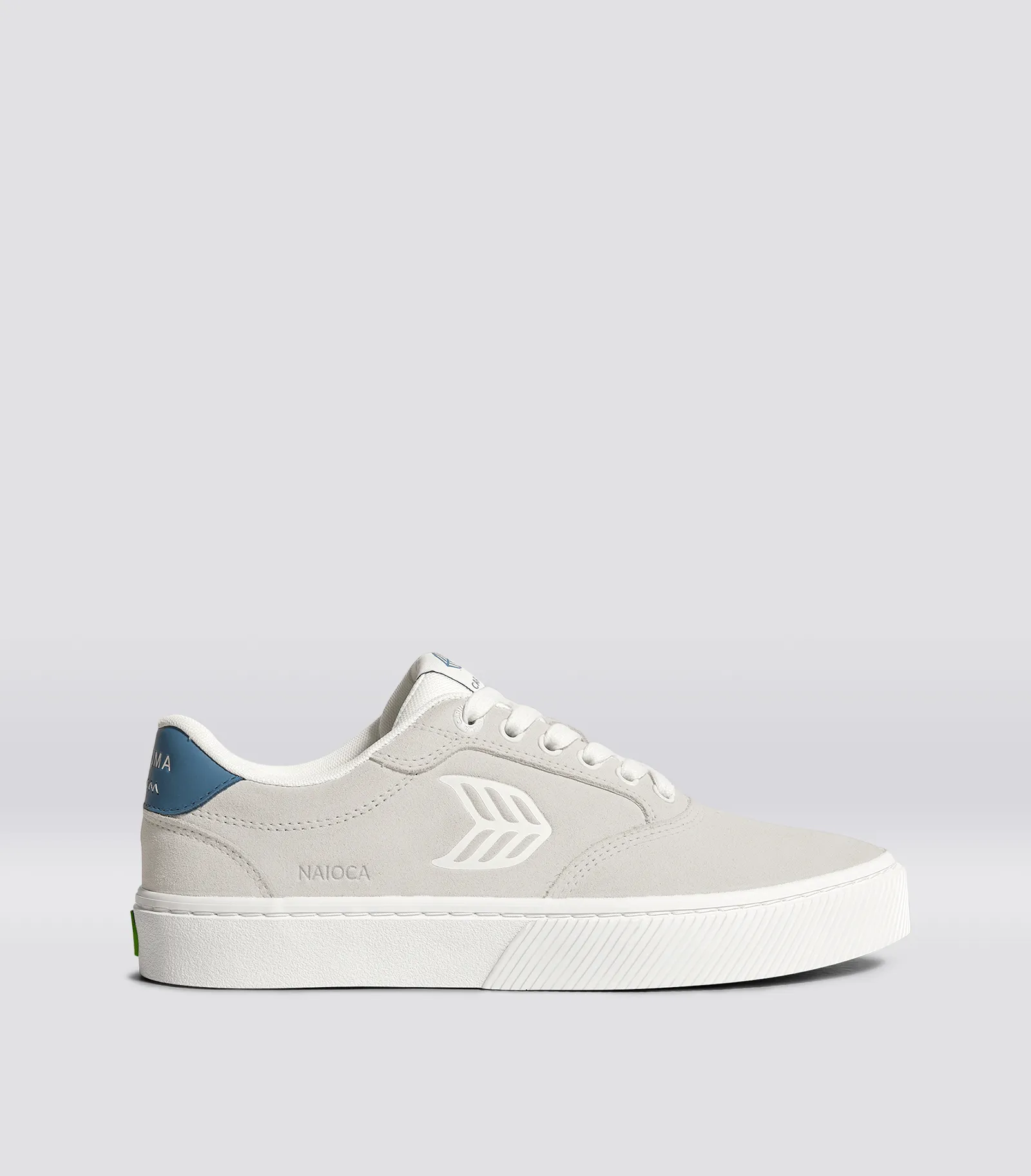 NAIOCA Smoke White Suede Off-White Logo Washed Blue Sneaker sold by Cariuma