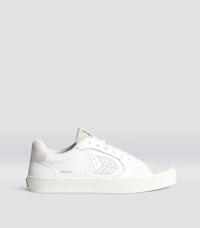 SALVAS Pebbled Leather White Suede Vintage White Ice Logo sold by Cariuma