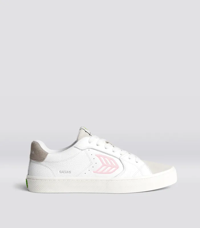 SALVAS Pebbled Leather White Suede Vintage White Rose Logo sold by Cariuma