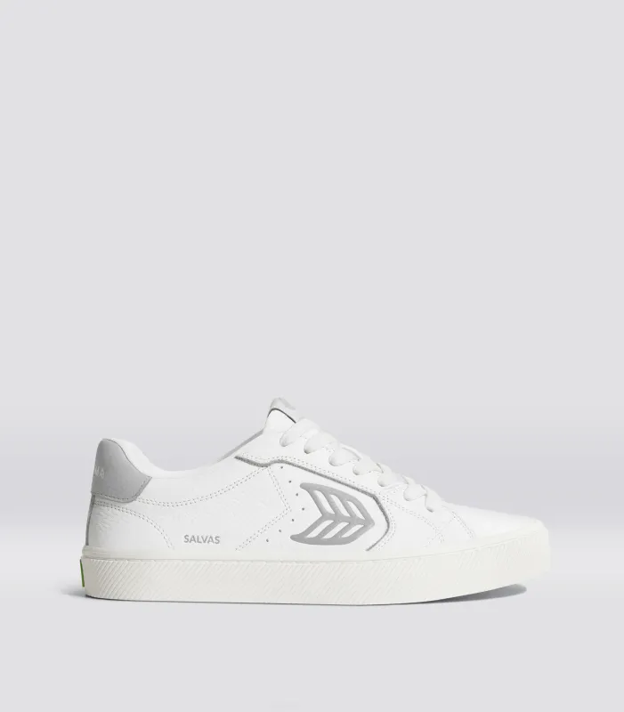 SALVAS White Premium Leather Onyx Grey Logo Sneaker sold by Cariuma