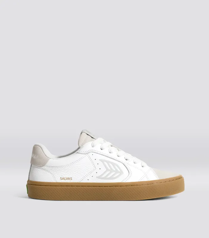 SALVAS Gum White Premium Leather Vintage White Suede Ice Logo Sneaker sold by Cariuma